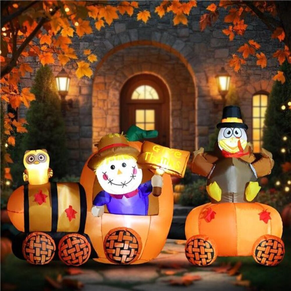 6ft Lighted Inflatable Scarecrow Pumpkin Train Thanksgiving Decor